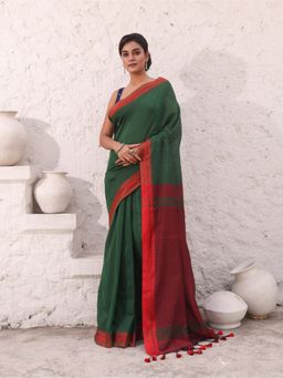 CHARUKRITI - Green Pure Cotton Temple Border Saree with Unstitched Blouse