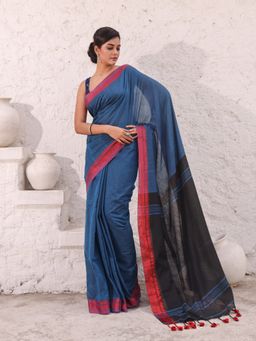 CHARUKRITI - Teal Blue Pure Cotton Temple Border Saree with Unstitched Blouse
