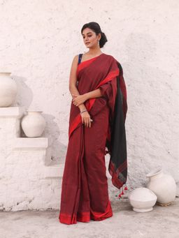 CHARUKRITI - Red Pure Cotton Temple Border Saree with Unstitched Blouse