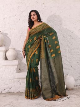 CHARUKRITI - Green Pure Cotton Temple Border Saree with Unstitched Blouse