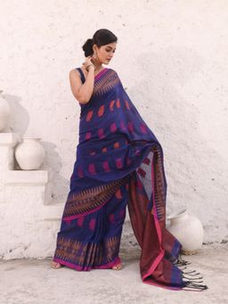 CHARUKRITI - Blue Pure Cotton Temple Border Saree with Unstitched Blouse
