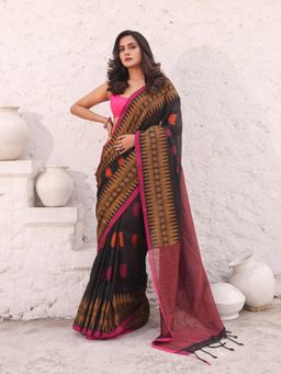 CHARUKRITI - Black Pure Cotton Temple Border Saree with Unstitched Blouse
