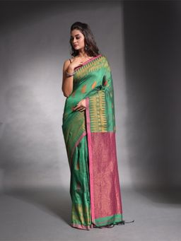 CHARUKRITI - Green Pure Cotton Temple Border Saree with Unstitched Blouse