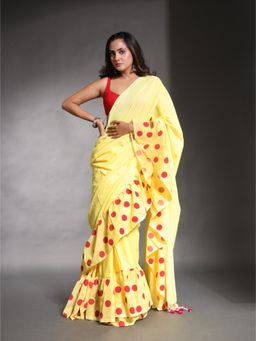CHARUKRITI - Yellow Pure Cotton Solid Ruffle Saree with Unstitched Blouse