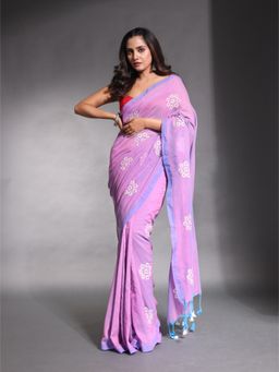 CHARUKRITI - Voilet Floral Embroidery Work Pure Cotton Soft Saree with Unstitched Blouse