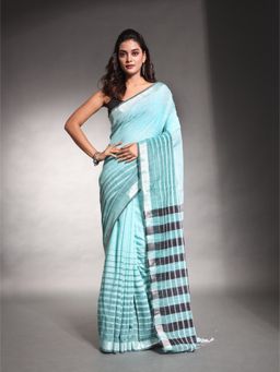 CHARUKRITI - Sea Green Stripes Pattern Pure Cotton Soft Saree with Unstitched Blouse