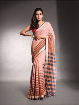 CHARUKRITI - Peach Stripes Pattern Pure Cotton Soft Saree with Unstitched Blouse