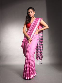 CHARUKRITI - Pink Stripes Pattern Pure Cotton Soft Saree with Unstitched Blouse