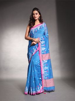 CHARUKRITI - Sapphire Blue Cotton Silk Saree with Unstitched Blouse