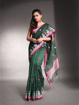 CHARUKRITI - Juniper Green Cotton Silk Saree with Unstitched Blouse