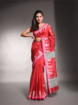 CHARUKRITI - Red Cotton Silk Saree with Unstitched Blouse