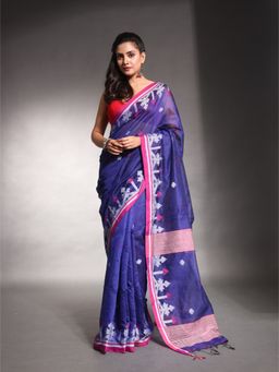 CHARUKRITI - Navy Blue Cotton Silk Saree with Unstitched Blouse