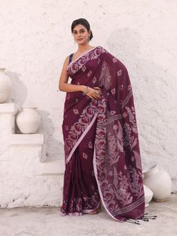 CHARUKRITI - Purple Floral Nakshi Design Pure Cotton Soft Saree with Unstitched Blouse