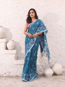 CHARUKRITI - Teal Floral Nakshi Design Pure Cotton Soft Saree with Unstitched Blouse