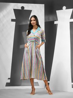 CHARUKRITI - Multi-Color Stripes Cotton Midi Dress