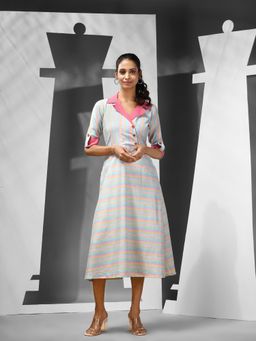 CHARUKRITI - Multi-Color Stripes Cotton Midi Dress