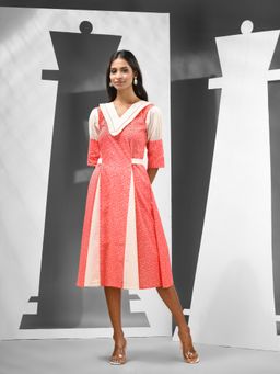 CHARUKRITI - Red Cotton Panelled Detailing Dress