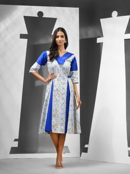 CHARUKRITI - White & Blue Cotton Panelled Detailing Dress