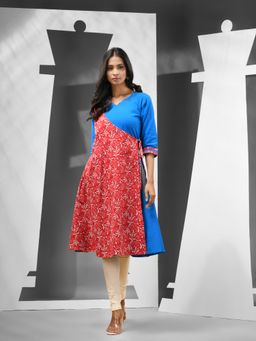 CHARUKRITI - Blue & Red Floral Printed Cotton Angrakha-Style Kurta