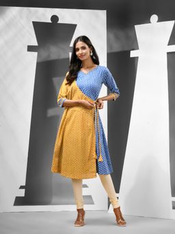 CHARUKRITI - Blue & Mustard Yellow Angrakha-style Printed Cotton Kurta
