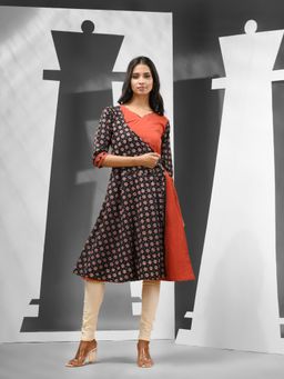CHARUKRITI - Black & Rust Printed Cotton Handspun Angrakha-Style Kurta