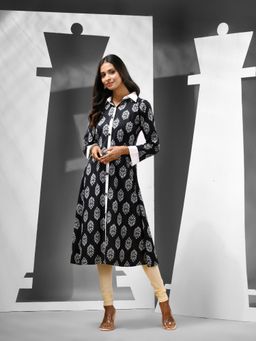 CHARUKRITI - Black Cotton Floral Printed A-Line Kurta