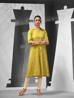 CHARUKRITI - Lime Green Cotton Floral Printed A-Line Kurta