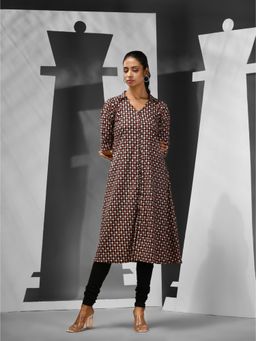 CHARUKRITI - Black Cotton A-Line Geometric Print Kurta