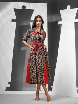 CHARUKRITI - Black & Red Cotton Floral Printed Panelled Dress with Belt (Set of 2)