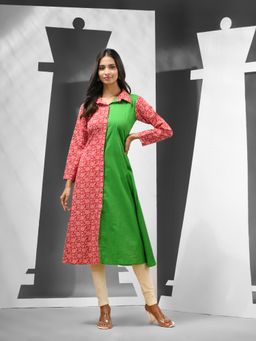 CHARUKRITI - Green & Red Cotton Floral Printed A-Line Kurta