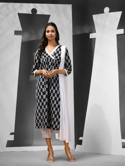CHARUKRITI - Black Floral Printed Cotton Kurta with Salwar & Dupatta (Set of 3)