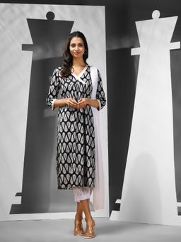 CHARUKRITI - Black Cotton Printed Kurta with Salwar & Dupatta (Set of 3)