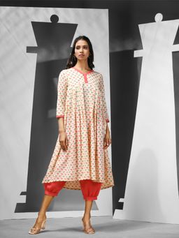CHARUKRITI - Peach Cotton Printed Anarkali Kurta with Salwar (Set of 2)