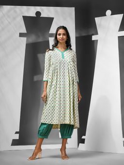 CHARUKRITI - Green Cotton Printed Anarkali Kurta with Salwar (Set of 2)