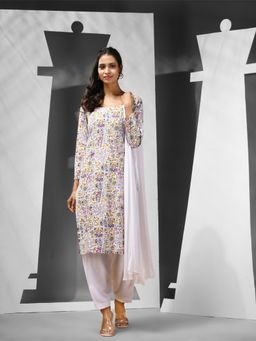 CHARUKRITI - White Cotton Printed Designs Kurta with Salwar & Dupatta (Set of 3)