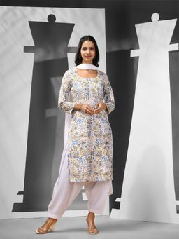 CHARUKRITI - White Cotton Printed Designs Kurta with Salwar & Dupatta (Set of 3)