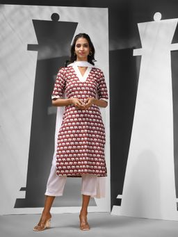 CHARUKRITI - Maroon Cotton Ethnic Printed Kurta with Pant & Dupatta (Set of 3)