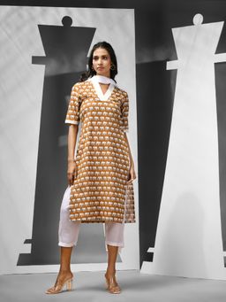 CHARUKRITI - Mustard Cotton Ethnic Printed Kurta with Pant & Dupatta (Set of 3)