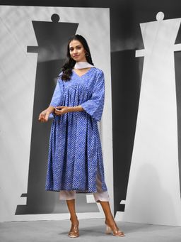 CHARUKRITI - Blue Cotton Leheriya Print Kurta with Pant & Dupatta (Set of 3)