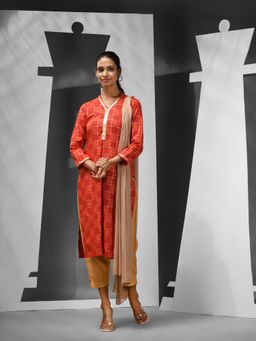 CHARUKRITI - Red Cotton Blend Printed Sequins Kurta with Pant & Dupatta (Set of 3)