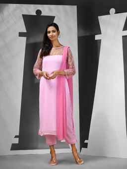 CHARUKRITI - Pink Georgette Embroidered Kurta with Pant & Dupatta (Set of 3)