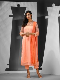 CHARUKRITI - Peach Georgette Embroidered Kurta with Pant & Dupatta (Set of 3)