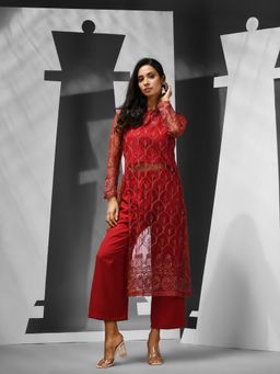 CHARUKRITI - Red Georgette Embroidery Kurta with Pant (Set of 2)