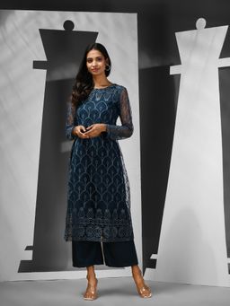 CHARUKRITI - Teal Georgette Embroidery Kurta with Pant (Set of 2)