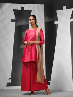 CHARUKRITI - Pink Brocade Printed Kurti with Palazzo & Dupatta (Set of 3)