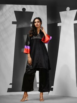 CHARUKRITI - Black Satin Solid Kurta with Palazzo (Set of 2)