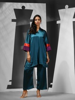 CHARUKRITI - Teal Satin Solid Kurta with Palazzo (Set of 2)