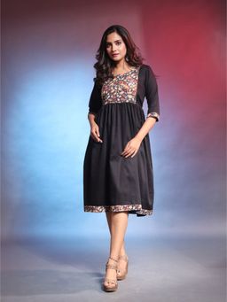 CHARUKRITI - Black Solid Gathered Cotton Ethnic Printed Dress