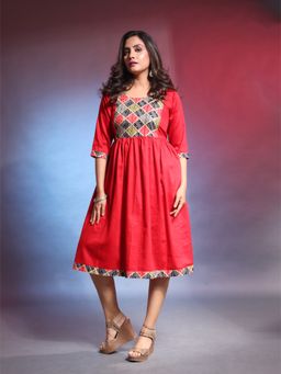 CHARUKRITI - Red Solid Gathered Cotton Ethnic Printed Dress
