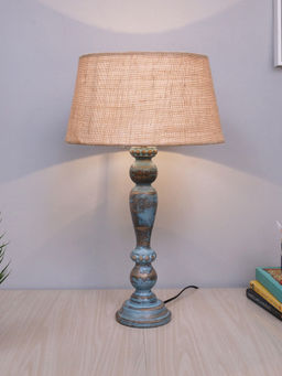 Homesake - Polka Wood Table Lamp Distressed Blue Jute